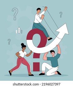 Concept of collaboration. Employees trying to correct falling arrow up. Partnership and colleagues. Working on common project, coworking and colleagues, teamwork. Cartoon flat vector illustration