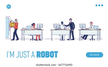 Concept Of Collaboration Of Human And Robot. Website Landing Page. Employer is Replacing The Employees With Bot Or Artificial Intelligence. Cartoon Linear Outline Flat Vector Illustration