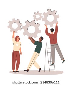 Concept of collaboration. Men and girl move gears. Teamwork, colleagues and partners. Motivational poster or banner, employees of company working on common project. Cartoon flat vector illustration