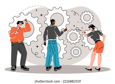 Concept of collaboration. Men and women perform same task and common goal. Colleagues and colleagues. Teamwork and partnership, coworking. Efficient workflow. Cartoon flat vector illustration