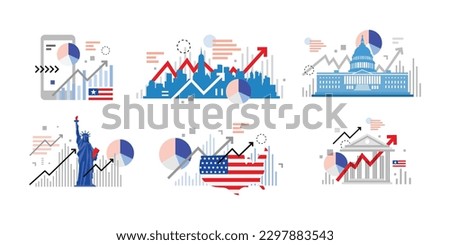 Concept collection of united states of America financial data growth, stockmarket flat illustration with statue of liberty, USA map and flag, white house, bank, and New York cityscape.