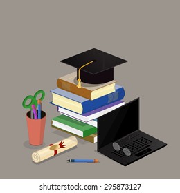 Concept College university education graduation flat 3d web isometric infographic book.
