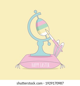 konzeptfarbene, gestreifte Welt. internationale kreative Grußkartenvektor für Ostern. Hasen-Ohren malen Ei mit Paintbürste flach Design. süßer bunter Globus für traditionellen Urlaubscartoon