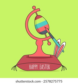 concept colored striped decorated world. international creative happy easter greeting card vector. bunny ears paint egg with paintbrush flat design. cute colorful globe for traditional holiday cartoon