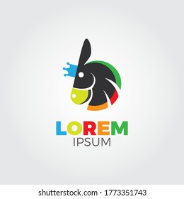 The concept of a colorful donkey-shaped logo with a crown depicting cheerfulness. EPS10.