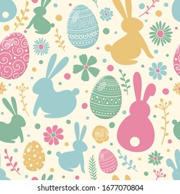 Concept of colourful texture with decorative eggs, bunnies and flowers. Easter background. Vector