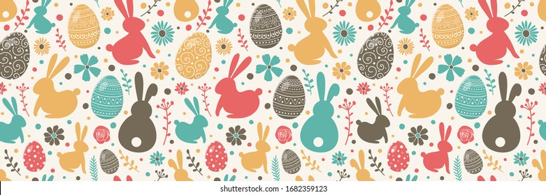 Concept of colourful texture with decorative eggs, bunnies and flowers. Easter background. Banner. Vector