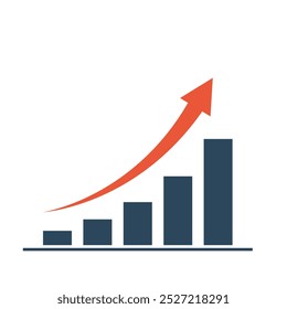 Concept colum chart with growth arrow. Colored diagram icon isolated on white background. Vector illustration.