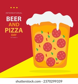 The concept of a combination a glass of beer and slice of pizza vector illustration and text isolated on abstract background for commemorate and celebrate International Beer and Pizza Day on october 9