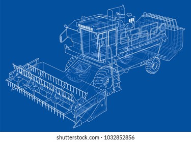 Concept combine-harvester. Vector rendering of 3d. Wire-frame style. The layers of visible and invisible lines are separated