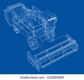 Concept combine-harvester. Vector rendering of 3d. Wire-frame style. The layers of visible and invisible lines are separated