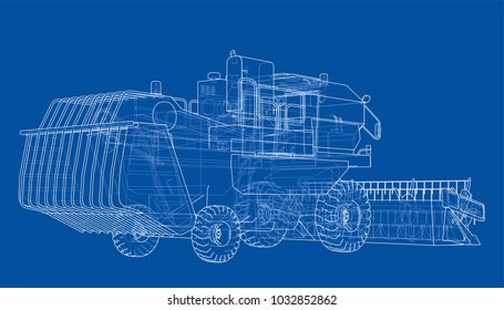 Concept combine-harvester. Vector rendering of 3d. Wire-frame style. The layers of visible and invisible lines are separated
