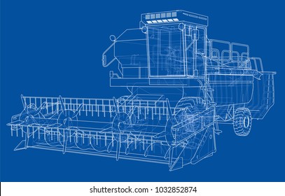 Concept combine-harvester. Vector rendering of 3d. Wire-frame style. The layers of visible and invisible lines are separated