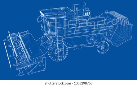 Concept combine-harvester. Vector rendering of 3d. Wire-frame style. The layers of visible and invisible lines are separated