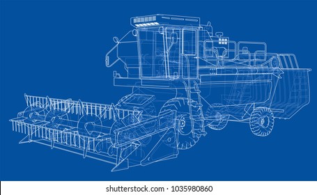 Concept combine-harvester. Vector rendering of 3d. Wire-frame style. The layers of visible and invisible lines are separated svg