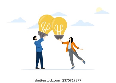 Concept of combining ideas, collaborating to get solutions, exchanging ideas, thinking together to develop great ideas, entrepreneurship, entrepreneurs combining light bulb ideas for best results.