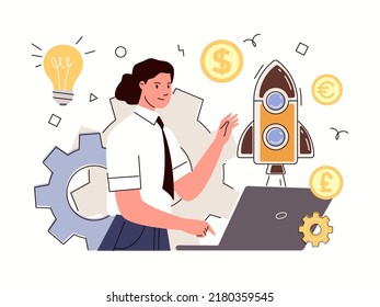 Concept of combining science, technology, entrepreneurship. Business opportunities, Startup, investment, launch of new project. Vector characters flat cartoon illustration.