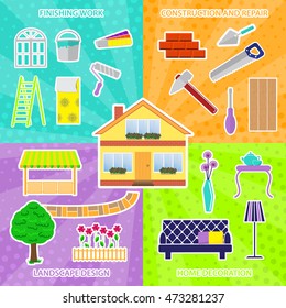 The concept of a comfortable home. Repair and construction of houses, interior design, landscape design. Stock vector. Flat design.