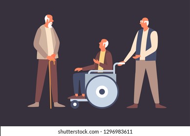 Concept of comfortable life in old age. Retired elderly senior age couple are talking. Wheelchair with disabled old man. Helping elderly and sick people. Vector flat illustration.