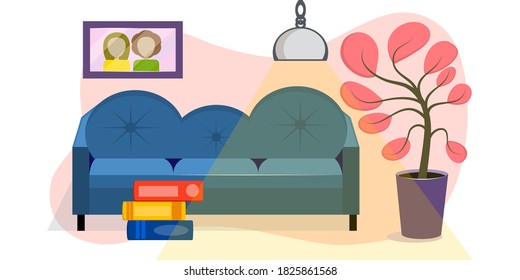 The concept of a comfortable living room is isolated on a white background. A blue sofa, a houseplant, and a stack of books. In the background-a photo frame with people. Vector illustration in flat
