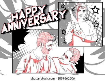 Cartel de regalo del aniversario del libro de historietas conceptual para parejas del mismo sexo. Dos hombres sonriendo unos a otros, y una mujer sosteniendo champán. Ilustración de estilo de dibujos animados.