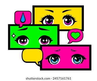 Concept of comic book frame with big anime eyes of different cartoon characters. Fashion pre-made print for t-shirt, cover or poster template.