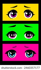 Concept of comic book frame with big anime eyes of different cartoon characters. Fashion pre-made print for t-shirt, cover or poster template.