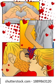 Concept comic book page depicting love. Close-up of kissing young romantic couple. Cartoon style illustration with vibrant colors.