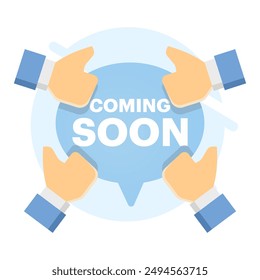 Concepto Próximamente marca. Próximamente mensajes de saludo de chat. Anuncio de burbujas de habla plana con campana. Signo de Anuncio promocional. Nuevo símbolo de Autorización de producto. Ofrezca una caja de diálogo. Ilustración vectorial plana.
