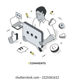 Concept of commenting in internet. Man holds big speech bubble in hands which symbolizes the opinion he wants to express.  Isometric vector illustration with isolated objects