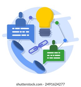 Concepto de comunicación, conexión de charla, mensaje de conversación, reunión o discusión, comunicación de una solución para solucionar un problema, Acuerdo, Ilustración vectorial de iconos de diseño plano en segundo plano.