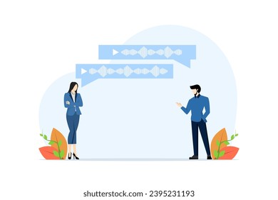 Concept of communicating or discussing. two people talking with voice note balloon icon on top, successful discussion or interview, this design is for podcast, app, social media. vector illustration.