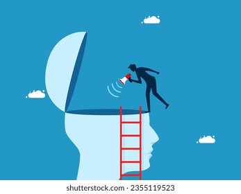 concept of communication. Businessman shouting through megaphone at human head