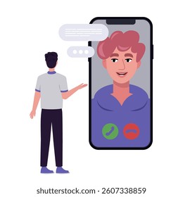 Concept of communication by phone. Character communicates by video link. Character is near smartphone. Flat vector illustration