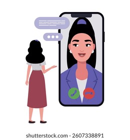 Concept of communication by phone. Character communicates by video link. Character is near smartphone. Flat vector illustration