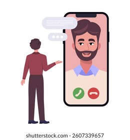 Concept of communication by phone. Character communicates by video link. Character is near smartphone. Flat vector illustration