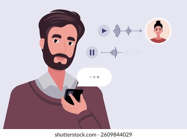 Concept of communication by phone. Character communicates by voice message. Flat vector illustration