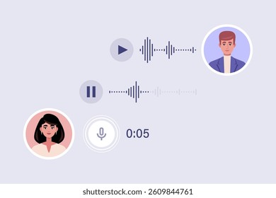 Concept of communication by phone. Character communicates by voice message. Flat vector illustration