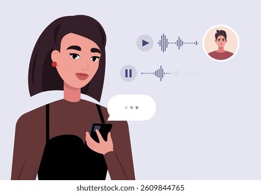 Concept of communication by phone. Character communicates by voice message. Flat vector illustration