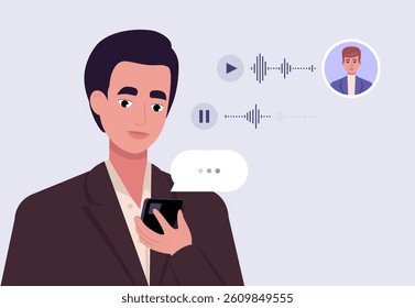 Concept of communication by phone. Character communicates by voice message. Flat vector illustration