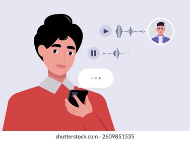 Concept of communication by phone. Character communicates by voice message. Flat vector illustration