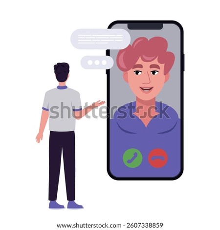 Concept of communication by phone. Character communicates by video link. Character is near smartphone. Flat vector illustration
