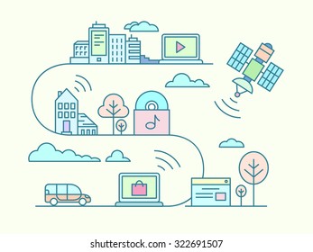 Concept of communication and connection. WiFi and network, remotely communicate, line vector illustration