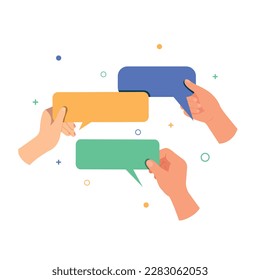 Concept of communication, conversation and discussion, Hands holding chatting bubbles, 