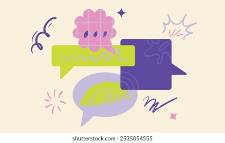 Concept of communication and Conversation. Expressive Exclamation Speech Bubbles with Doodles and Strokes for Text