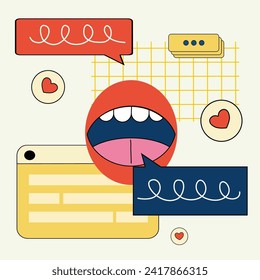 El concepto de comunicación y comunicación. Burbujas conversacionales, símbolos emojis. Ilustración abstracta.