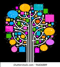 the concept of communication and cooperation of people in the global computer network. The arrow and speech bubbles are arranged in a tree