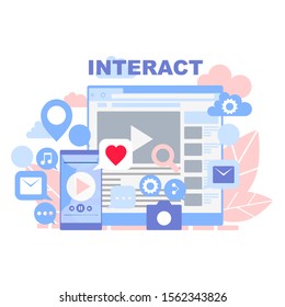 Concept of communication in global computer networks. Set of flat icons and signs for web and mobile services. 