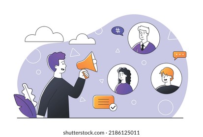 Concept of communication. Guy with loudspeaker calling his friends. Promotion of goods on Internet, modern technologies, opinion leader and influencer, popular person. Cartoon flat vector illustration