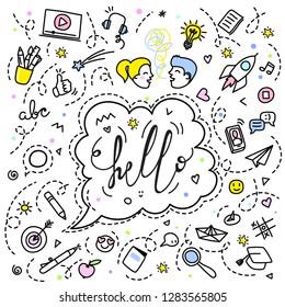 Concept of communication. Hello lettering in speech bubble in doodle style